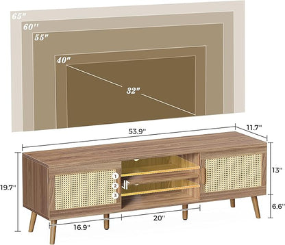 SUPERJARE Boho TV Stand for 65 Inch TV, Entertainment Center with Adjustable Shelf, Rattan TV Console with 2 Cabinets, Media Console, Solid Wood Feet, 4 Cord Holes, for Living Room, Walnut