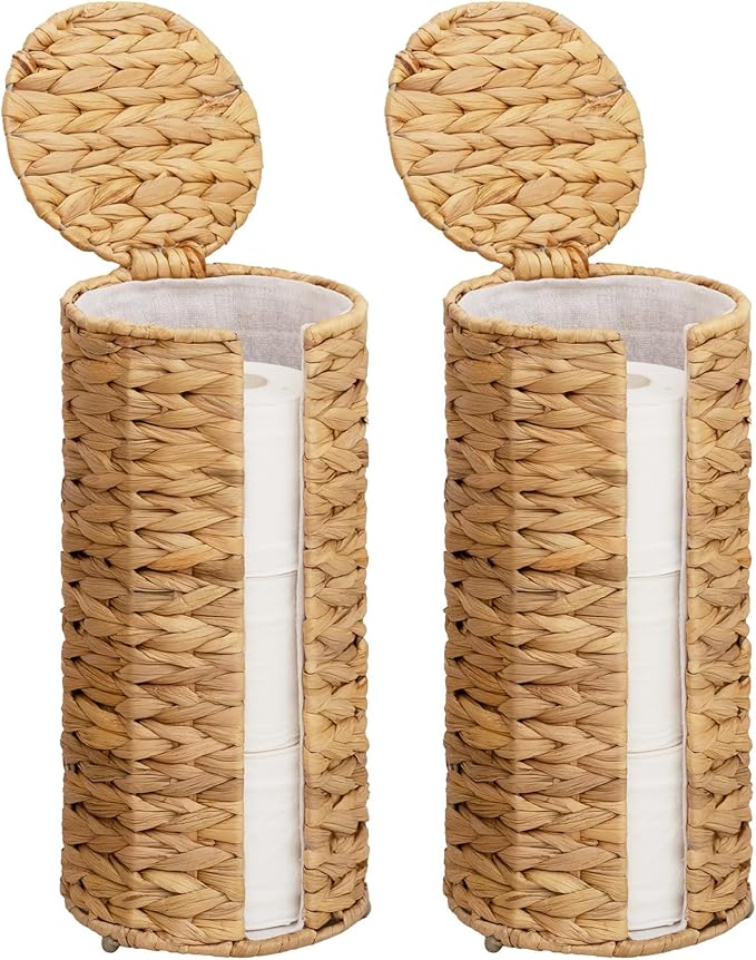StorageWorks Water Hyacinth Free Standing Toilet Paper Holder Stand for Bathroom, 3 Rolls of Toilet Tissue Storage with a Built-in Cloth Lining, Toilet Roll Holder Stand with Lid (Pack of 2)