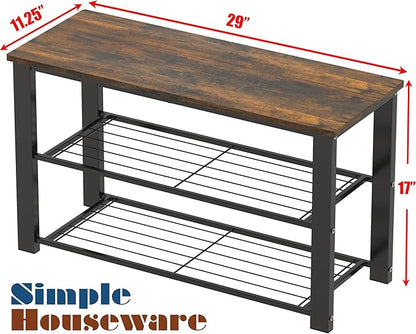 Simple Houseware Wood Top Shoe Storage Bench for Entryway, Rustic Brown