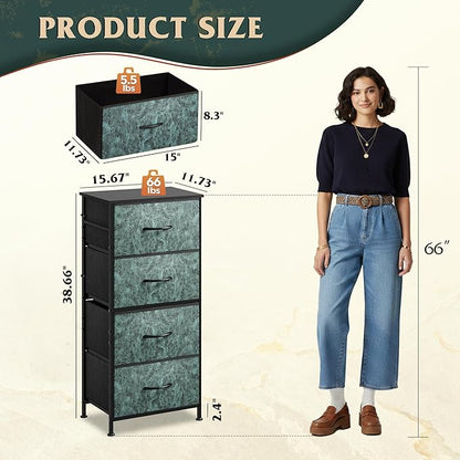WLIVE Dresser with 4 Drawers, Storage Tower, Organizer Unit, Fabric Dresser for Bedroom, Hallway, Entryway, Closets, Sturdy Steel Frame, Wood Top, Easy Pull Handle, Vintage Green