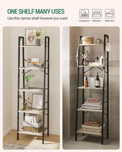 Ladder Shelf, Bookshelf Bookcase, Freestanding Corner Storage Shelve with 2 Hooks for Home Office, Living Room, Kitchen, Bedroom, Industrial, 11.8" D x 17.3" W x 63" H, Greige BC19205B