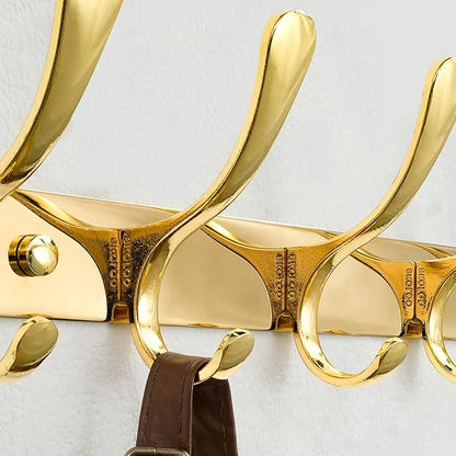 SKOLOO Coat Rack Wall Mounted - 6 Hooks, Pack of 2, Heavy Duty, Stainless Steel, Metal Wall Hangers, Sturdy Coat Hooks for Hanging Coats, Jacket, Clothes, Hat, Bright Gold