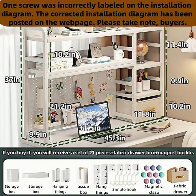 Desktop Bookshelf, pegboard Storage and Organization Rack, Dorm Desk Shelf, Desk Hutch, Desktop Storage for Office, Study, Student Display Rack,Desktop Shelves (White 45.3" Lx9.9 Wx37 H)
