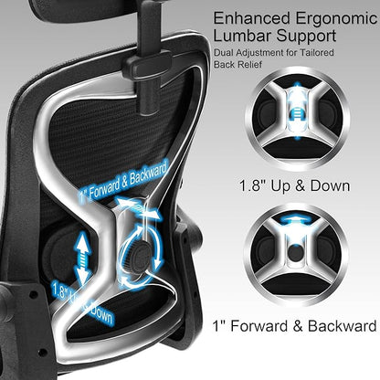 Ergonomic Office Chair, Mesh Desk Chair with Headrest, Lumbar Support, Thick Seat Cushion, Flip-up Arms, High Back Computer Task Chairs for Home Office (English, Black/Silver)