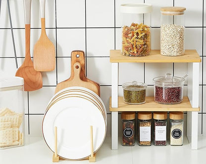 Marsui 4 Pcs Kitchen Organizer Accessories Set Cabinet Organizer Shelf and Bamboo Dish Drying Plate Rack Counter Shelves Storage Holder for Spice Rack, Dish, Pot Lid, Bowl, Cup(Wooden Color)