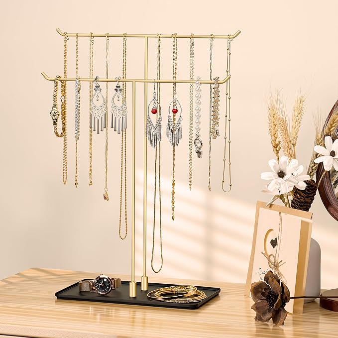 bussdis Necklace Holder Jewelry Stand Organizer for Necklaces and Bracelets, Metal Display Stand, Gift for Women, Ideal for Home, Bedroom, or Vanity, Gold and Black