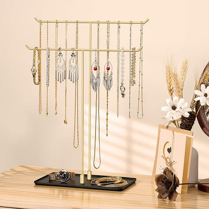 bussdis Necklace Holder Jewelry Stand Organizer for Necklaces and Bracelets, Metal Display Stand, Gift for Women, Ideal for Home, Bedroom, or Vanity, Gold and Black
