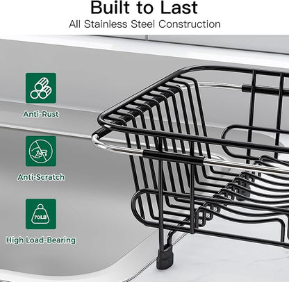 Apartment RV Small Dish Drainer Drying Rack Over The Sink In Stainless Steel for Narrow Kitchen, Counter Space Saving Compact Expandable Metal Plate Dryer Strainer, Black Adjustable Wire Drain Holder