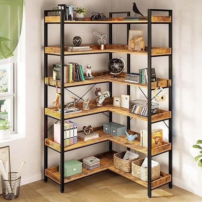 Rolanstar Bookshelf 6 Tier with 4 Hooks, Reversible Corner Bookshelf, 69" Industrial Wooden Bookcase with Open Shelves and Metal Frame for Living Room, Bedroom, Home Office, Rustic Brown