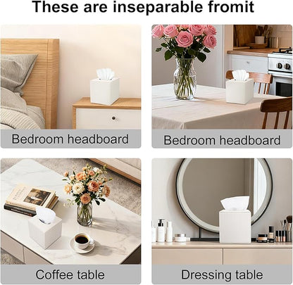 White Square PU Leather Tissue Box Cover with Magnetic Bottom – Stylish Cube Holder for Napkins, Decorative for Bathroom, Living Room, Office, Car, Nightstand