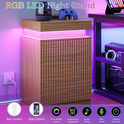 Nightstands Set of 2 with Charging Station & LED Lights, Modern Small Fluted Bedside & End Tables with 3 Drawers, Sliding Top & Hidden Storage, Wooden Farmhouse Night Stand for Bedroom, Natural Oak