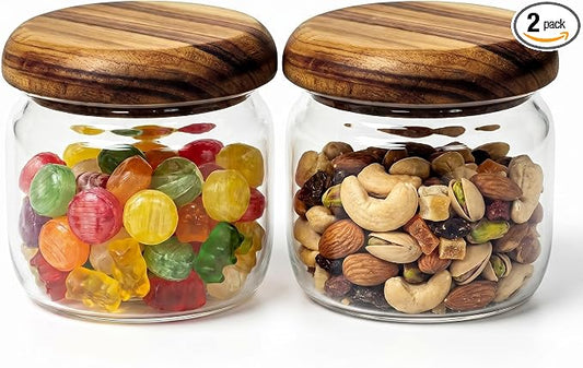 2-Pack 10 fl oz Wide Mouth Mason Jars with Spoon & Labels, Acacia Wood Lids & Press Seal, No Plastic, for Pantry, Coffee, Yogurt, Candy, Spice Storage.