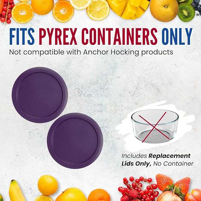 Replacement Lids fits Pyrex 2-Cup Glass Food Storage Container Bowls, 5-Inch Plastic Round Lids Covers for Pyrex 7200-PC, Airtight & Leakproof (2-Pack, Purple)