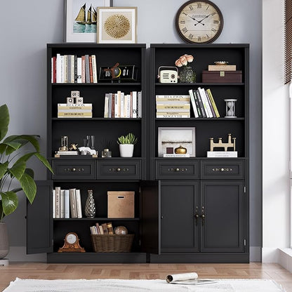 BORNOON 71.4" Tall Bookshelf with Drawers & Cabinet, 5-Tier Floor Standing Bookcase with Storage Doors, Adjustable Shelves & Metal Handles, 31.5" Wide Organizer for Home Office, Living Room