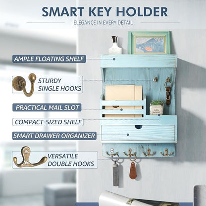 Rebee Vision Farmhouse Key Holder Wall Mount with Drawer Organizer – Pine Wooden Mail & Key Organizer with 6 Sturdy Hooks & Floating Shelf – A Perfect Touch of Style for Rustic Home Decor (Blue)