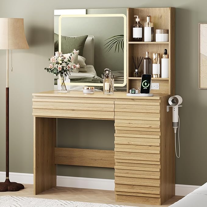 Makeup Vanity Desk with Lights, Fluted Vanity with 4 Drawers, Open Shelves, Power Outlet, LED Lighted Mirror, 3 Lighting Modes & Brightness Adjustable, Wood Dressing Table for Bedroom, Natural Oak