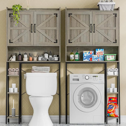 Vabches Over The Toilet Storage Cabinet, Farmhouse Storage Cabinet Over Toilet with 2 Barn Door & Toilet Paper Holder Stand，Home Space-Saving Toilet Rack, for Bathroom, Restroom, Laundry