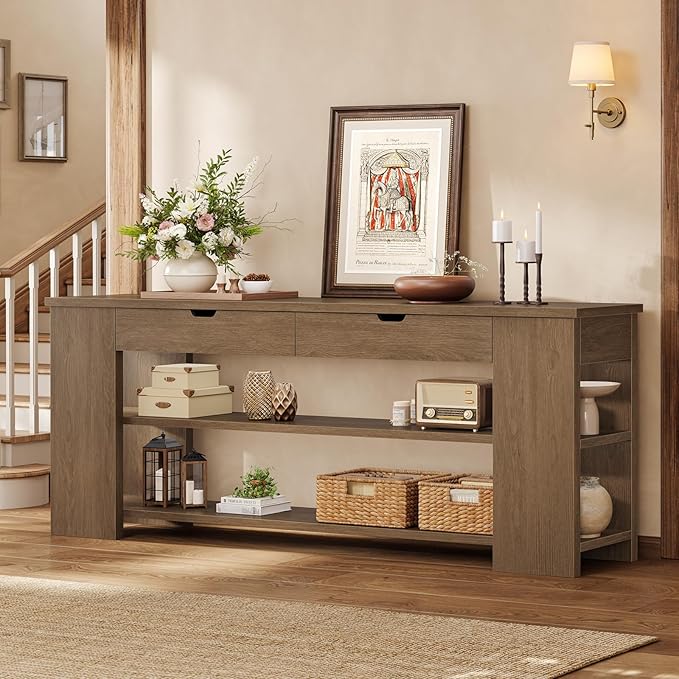 71.8" Extra Long Console Table, Farmhouse Sofa Table with Generous Storage and Built-in Outlet, Sturdy Entryway Table for Living Room, Entrance, Hallway, Foyer, Brown