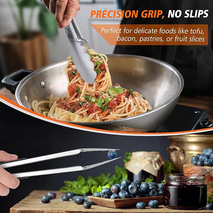 Hotec Stainless Steel Kitchen Tongs, Set of 3-7", 9" and 12", Locking Metal Food Tongs for Cooking, Serving, BBQ, Grill with Non-Slip Grip