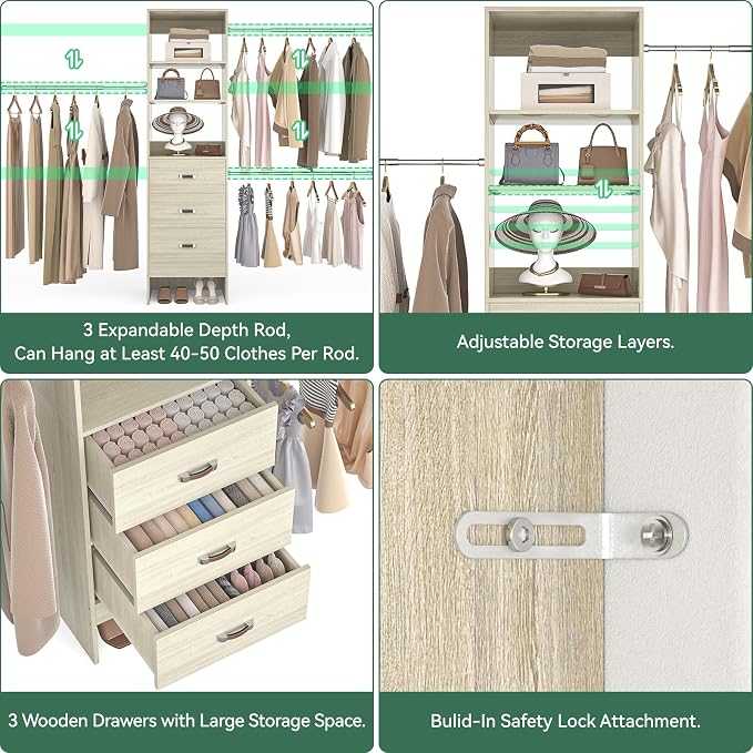 Besiost 96'' Closet Organizer System with 3 Hanging Rods, 8FT Closet Organizers and Storage with 3 Wooden Drawers, Built in Closet Organizer Systems, Adjustable Walk-in Wardrobe from 2-8FT, Light Oak