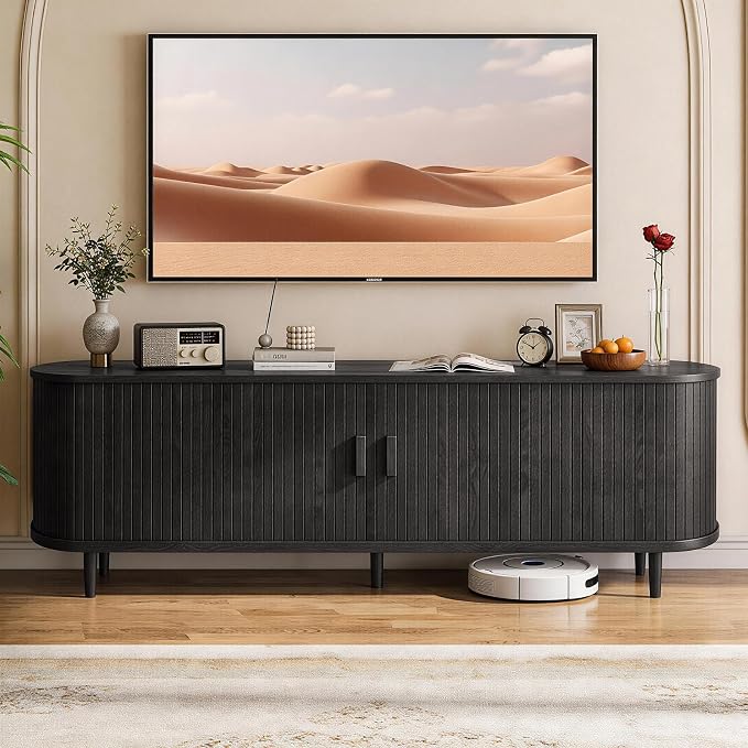 65" Mid Century Modern TV Stand with Power Outlet, Fluted Entertainment Center with Storage and Adjustable Shelves, Wood TV Console with Sliding Doors for Living Room, Black