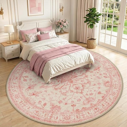 RELEANY Area Rugs Round 10ft Washable Non-Slip, Floral Vintage Distress Medallion Carpet for Living Room Bedroom Dining Room, Pink Light Vintage Pink