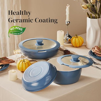 Redchef Ceramic Cookware Set, Removable Handle Pots and Pans Non-Stick, Rv Cookware Set, Non-Toxic Pots and Pans Set No PFAS, PTFE, PFOA, Detachable Pots and Pans, Dishwasher & Oven Safe(Blue)