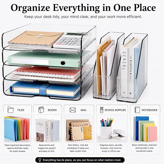 DCA Clear Acrylic Desk Organizer Set, 4 Tier Letter Tray with 2 Magazine File Holders, Clear Paper Organizer for Office, Home, School, Desktop File Storage for Documents, Books & Supplies