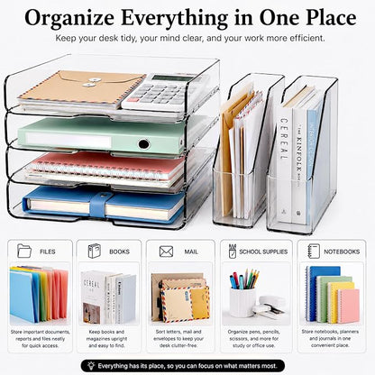 DCA Clear Acrylic Desk Organizer Set, 4 Tier Letter Tray with 2 Magazine File Holders, Clear Paper Organizer for Office, Home, School, Desktop File Storage for Documents, Books & Supplies