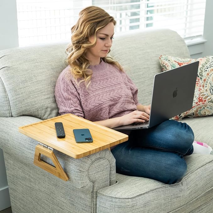 Shamrock Home Bamboo Trayble Couch Arm Table, Clip On Tray Sofa Table for Couches. Sofa Arm Tray for TV Dinners, Remotes, Drinks, Snacks and Small Spaces - 15.75 x 11inch, Beige