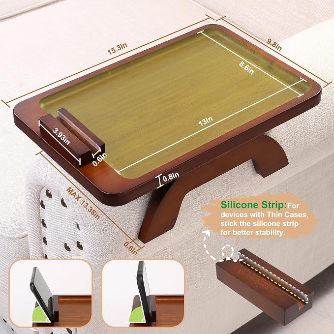 SINWANT Couch Arm Tray with 360° Rotating Phone Holder,Bamboo 15.35"x9.85" Folding Wide Sofa Arm Tray,Anti Slip Clip on Side Table Couch Armrest for Snacks,Drinks,Remotes