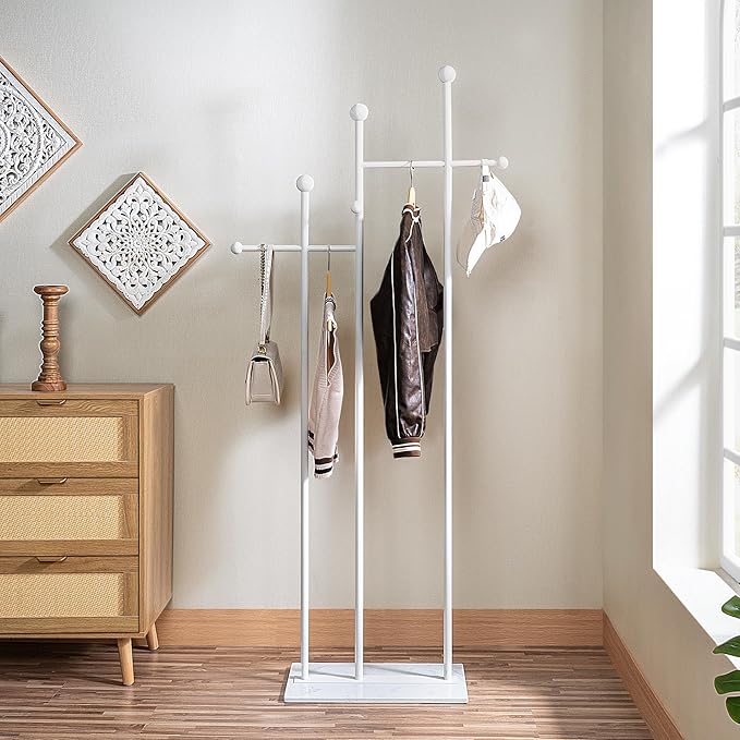 Freestanding Coat Rack with Marble Base Heavy Duty Clothes Rack Metal Coat Tree Stand Hat Rack for Corner Bedroom Entryway Living Room Hotel 19.69 x 11.02 x 68.9 Inches (White)