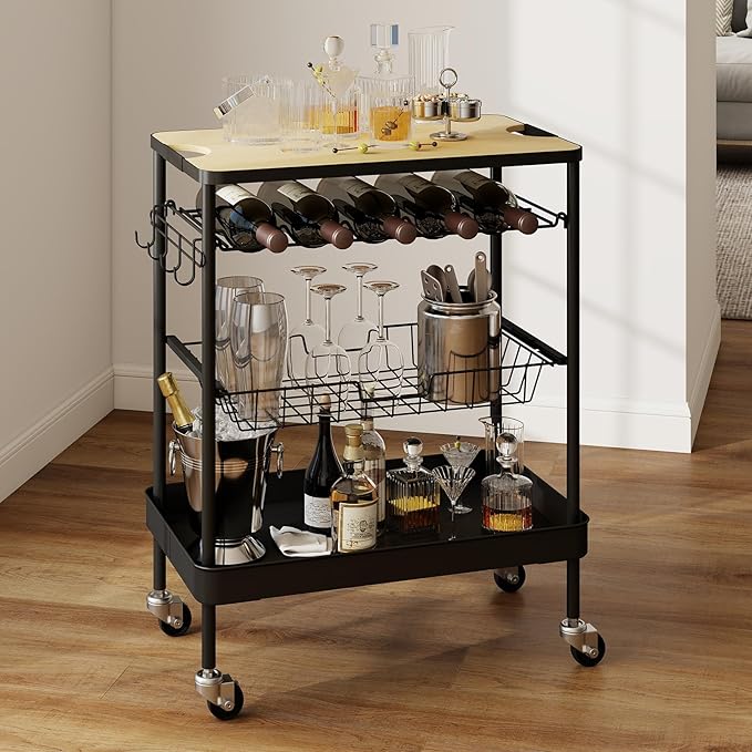Sekey Rolling Kitchen Cart with Wine Rack, Bar Cart, Home Bar Serving Cart on Wheels with Hook, Mobile Beverage Microwave Carts, for Home, Living Room, Dinning Room, Black and Light Brown