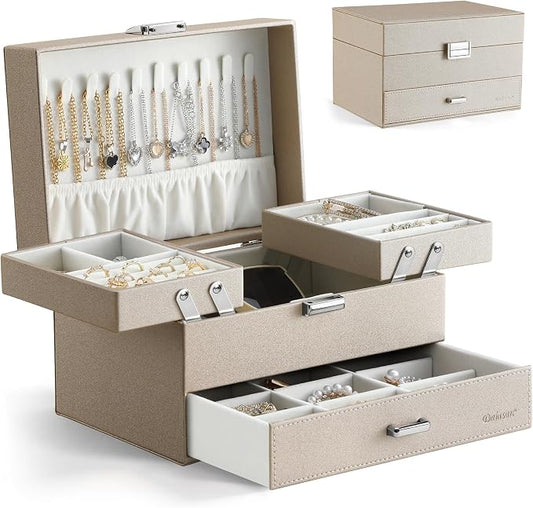 Dajasan Jewelry Organizer Box, Large Jewelry Boxes for Women Girls, Space-Saving 3 Layers Jewelry Storage Case with Drawer, Movable Metal Stand, Modern, Gift Idea (Champagne)