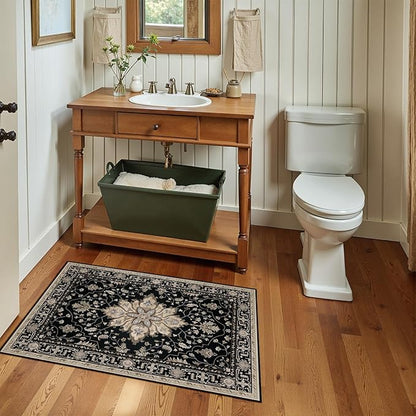 RELEANY Area Rugs Small 2'x3' Washable Non-Slip, Floral Vintage Distress Medallion Carpet for Kitchen Entryway Bathroom, Black Brown Neutral Dark Tan