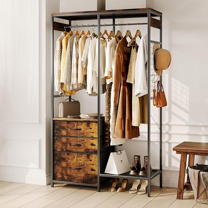 Heavy Duty Clothes Rack with 3 Drawers & LED Light, Garment Rack with 3 Shelves, Free Standing Wardrobe Organizer with 8 Hooks for Bedroom, Small Space, Garming Room（37.8"W x 66.93"H, Rustic Brown）