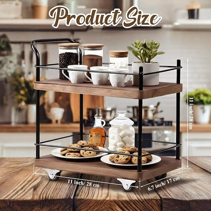 Thyle Mini Wood Coffee Bar Cart with Rotating Wheels 2 Tier 11 x 11 Inch Vintage Kitchen Serving Carts Bar Cart Serving Display Stand for Kitchen Dining and Living Room