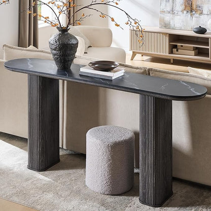 OKD 63" Modern Console Table with Arc Faux Marble Texture Top, Fluted Wood Base, Contemporary Entryway Sofa Table for Living Room, Hallway, Foyer, Dark Alder