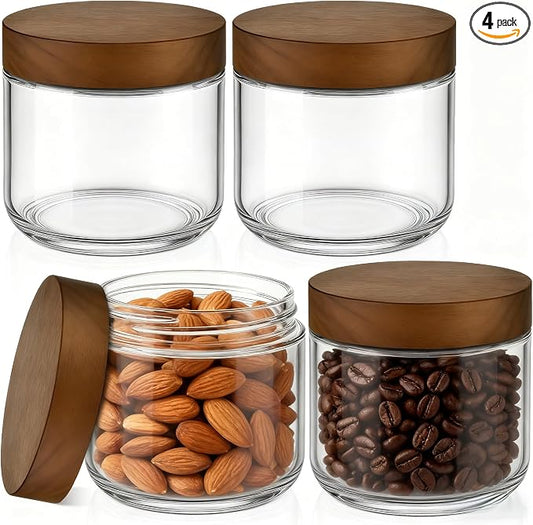 Bumobum 8 oz Glass Mason Jars with Lids, Small Glass Container with Acacia Wood Airtight Lid, Wide Mouth Canisters for Chia Pudding Loose Tea Coffee Salad Snacks Yogurt Spice, 4-Pack