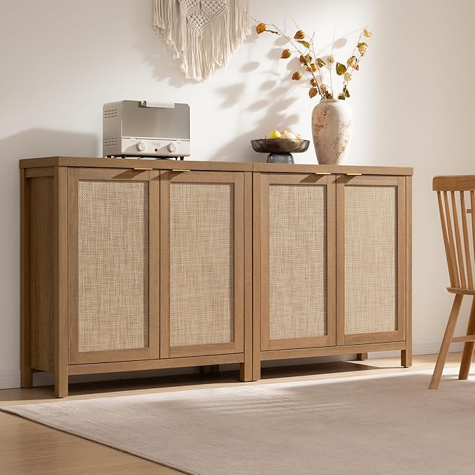 SICOTAS Sideboard Buffet Coffee Bar Cabinet - 3 Pieces Farmhouse Boho Rattan Credenza Storage Cabinet with Large Storage for Kitchen, Living Room, Entryway, Oak