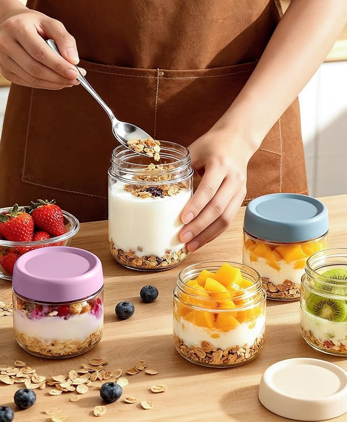 4 pack 16 oz Overnight Oats Containers with Lids and Spoons Glass Jars with Airtight Lids: Wide Mouth Mason Salad Jars, Leakproof and Reusable Glass Food Storage Container for Yogurt Snacks Spice