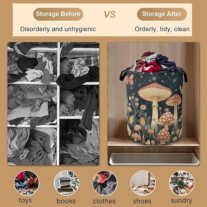 Fantasy Mushroom Laundry Basket,Butterfly Stars Collapsible Laundry Baskets with Handles,Waterproof Oxford Cloth Storage Basket 16"x20" for Bathroom/Bedroom/Dormitories