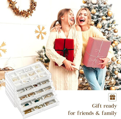 ProCase Earring Holder Organizer Jewelry Box with 5 Drawers, Acrylic Clear Earring Case with Adjustable Velvet Trays for Women - Warmwhite,5 Layers