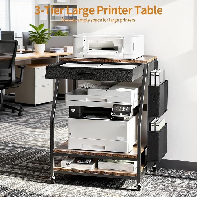 Housolution Large Printer Stand, 3 Tier 22 x 18 Inch Mobile Printer Table with Charging Station & Adjustable Storage Shelf, Rolling Printer Cart with Wheels, Printer Stand with storage for Home Office