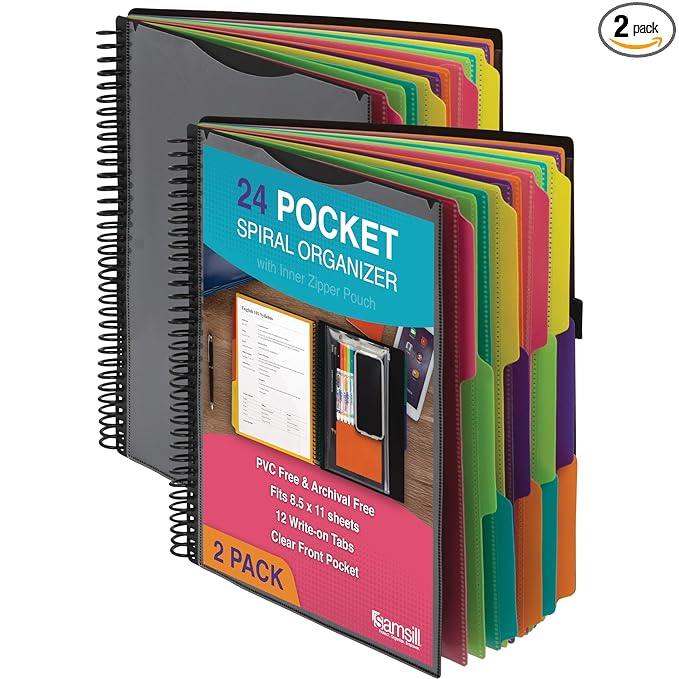 Samsill 2 Pack Deluxe 24 Pocket Spiral Project Organizer with Inner Zipper Pouch, Customizable Front Cover, 12 Dividers with Erasable Write-On Tabs in Fashion Colors, Plastic Folders with Pockets