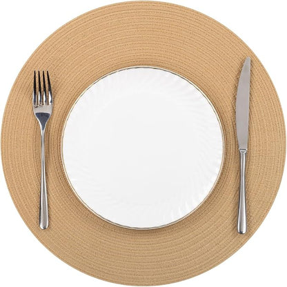 SHACOS 15 inch Round Braided Placemats Set of 6 Cotton Polyester Heat Resistant Round Table Mats Washable Place Mats for Dinner Party Table Decoration (Camel, 6)