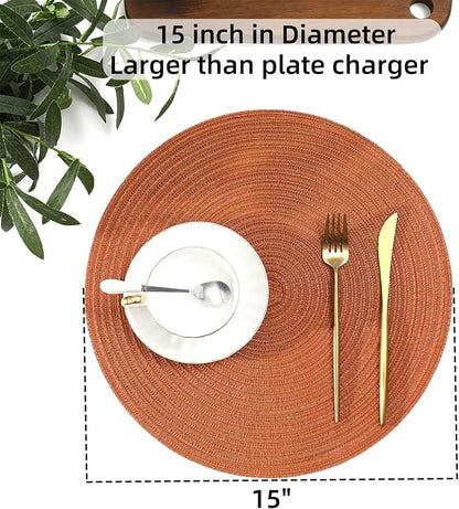 SHACOS Round Placemats Set of 6 Washable 15 inch Round Placemat Cotton Polyester Woven Braided Table Place Mats for Dining Table Decor, Dark Orange