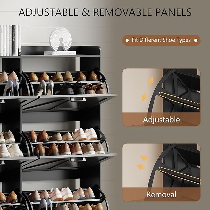 Shoe Cabinet with 6 Flip Drawers, Freestanding Hidden Shoe Storage Organizer for Entryway, Narrow Slim Shoe Rack Cabinet with Open Storage & Hooks for Front Door Entrance, Living Room, Hallway, Black