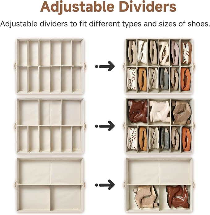 StorageWorks Underbed Shoe Storage Organizer for Closet, 2-Pack Fabric Under Bed Shoe Organizer with Adjustable Dividers, Fits up to 24 Pairs, Beige(Cottlyn Fabric)