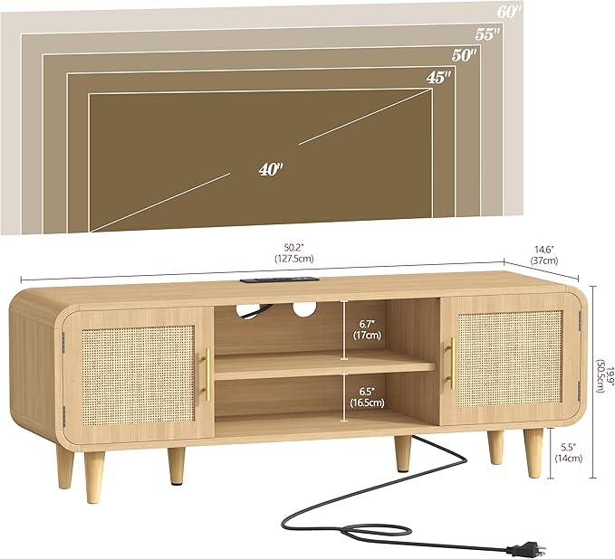 Keehusux Rattan TV Stand for 60 Inch TV, Entertainment Center with Charging Station & Solid Wood Legs, Adjustable Shelf & 2 Cabinet, Boho TV Console, Modern Media Console for Living Room, Natural Oak